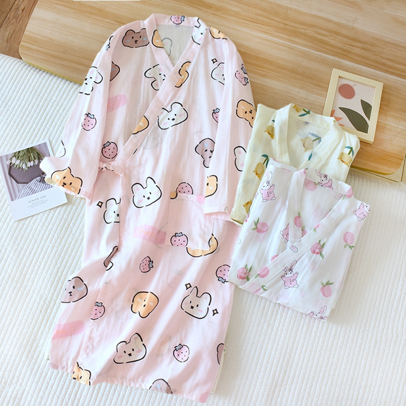 睡裙女夏季纯棉纱布和服全棉睡袍薄款F日系家居服宽松孕妇浴袍睡