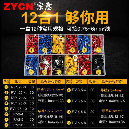 SV预绝缘冷压端子 U型叉型铜鼻子拔插式电线铜接头12合1盒装430只