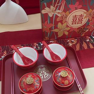 喜碗凤礼盒婚庆用品 结婚敬茶杯口茶具敬酒子陪嫁龙改红色碗筷套装