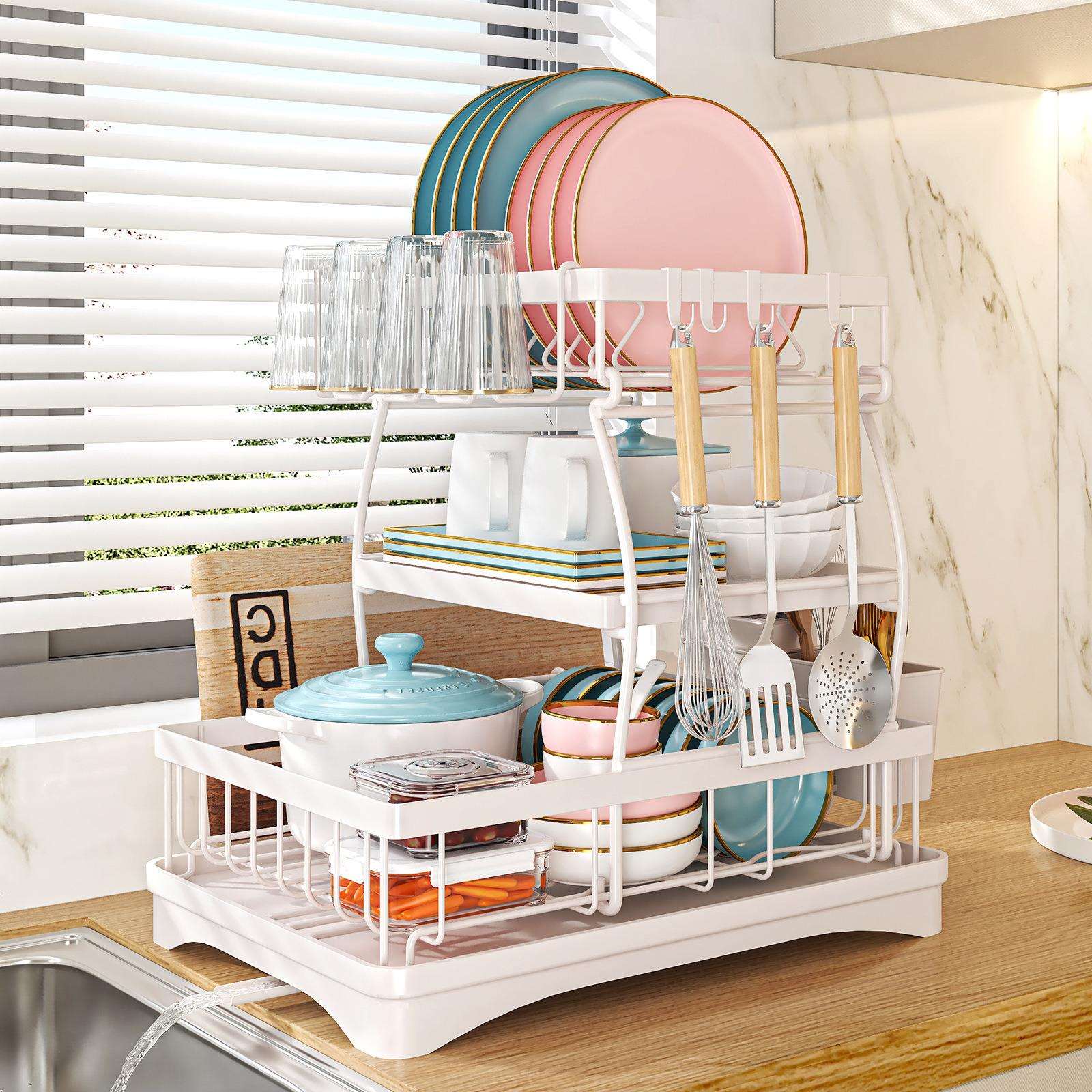 外贸厨房整理架台面多层大容量沥水碗架带挂钩自动排水厨房用具