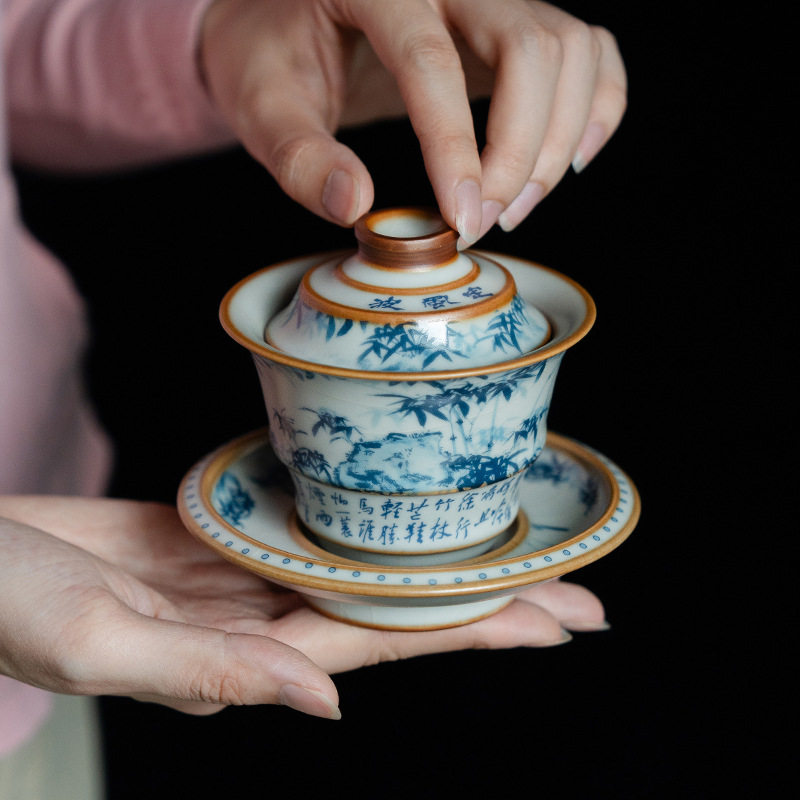 汝窑青山竹影韵禾三才盖碗茶杯单个高档带盖家用中国风泡茶碗