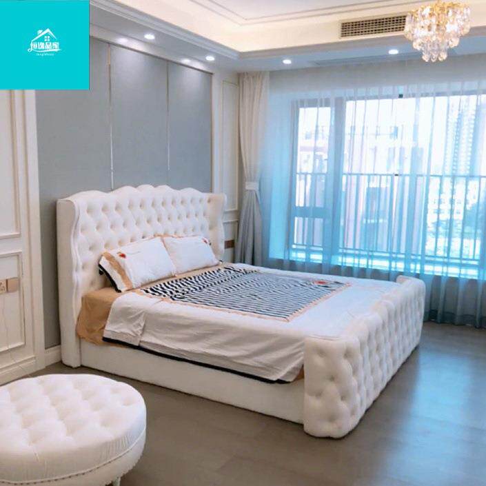 欧式白色公主布艺床时尚轻奢实木大床北欧拉扣主卧床简约现代婚床