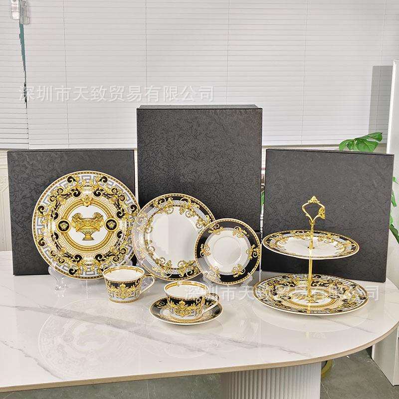 欧式骨瓷餐具套装范家黑色战杯盘子杯碟家用复古轻奢高档送礼