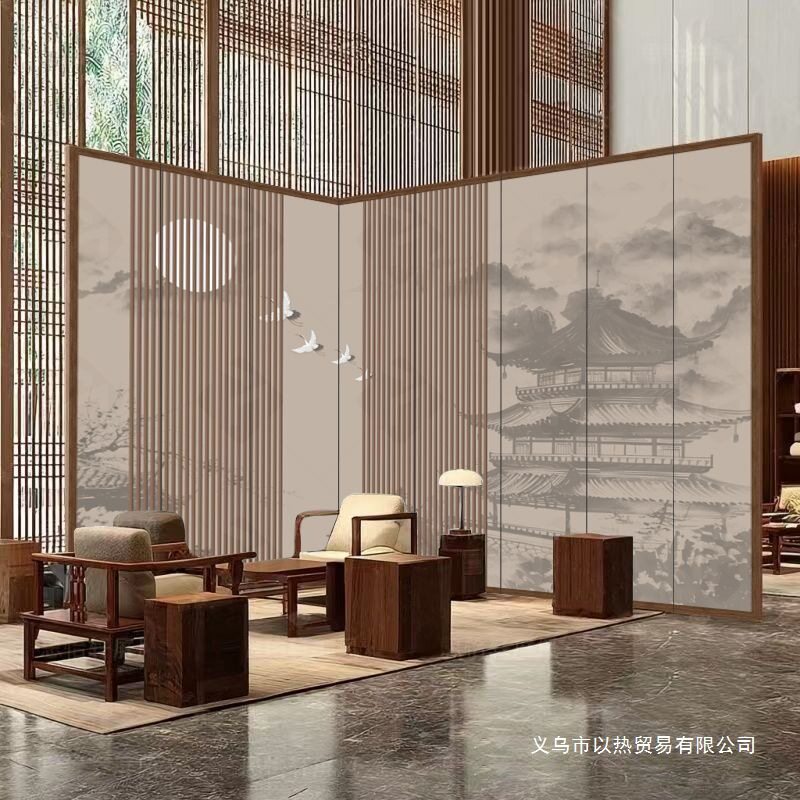 中式水墨竹子可移动隔断屏风