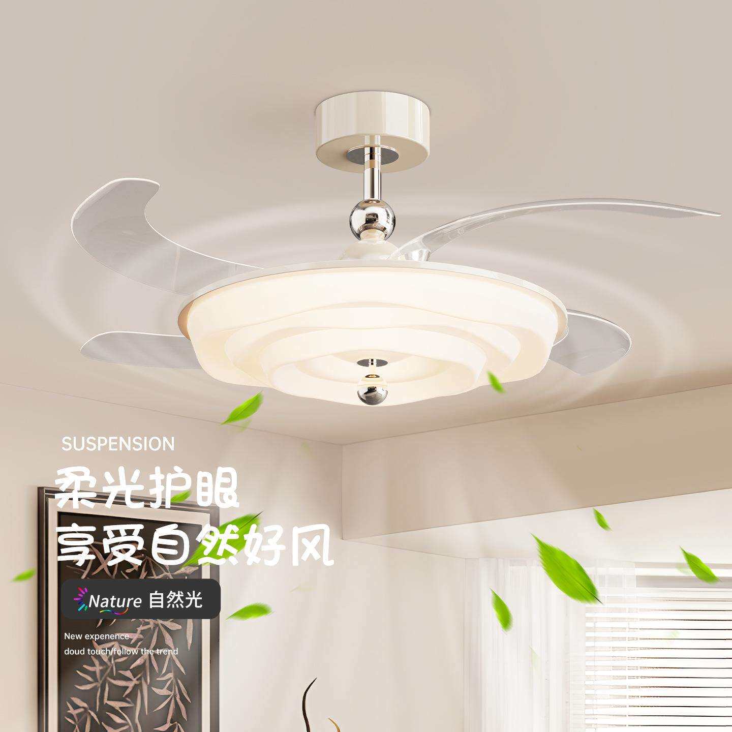 隐形风扇灯吸顶灯中古花朵卧室法式奶油风餐厅智能静音电扇一体灯