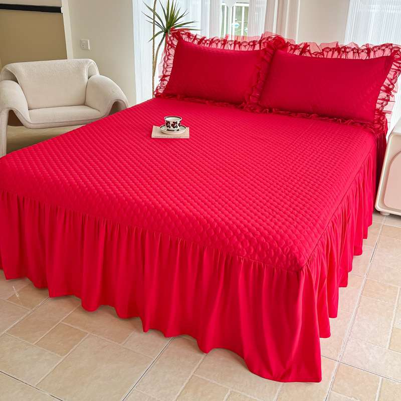 红色结婚床套家用新婚床裙式床单婚庆防滑荷叶边高端单件床笠床盖