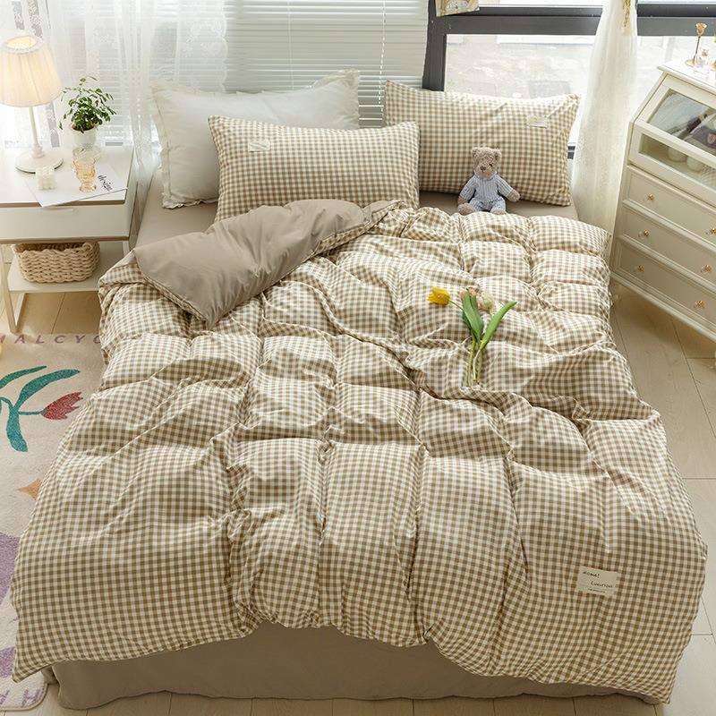 日式格子水洗棉四件套纯色磨毛棉床单床笠被套三件套水洗棉被套宿