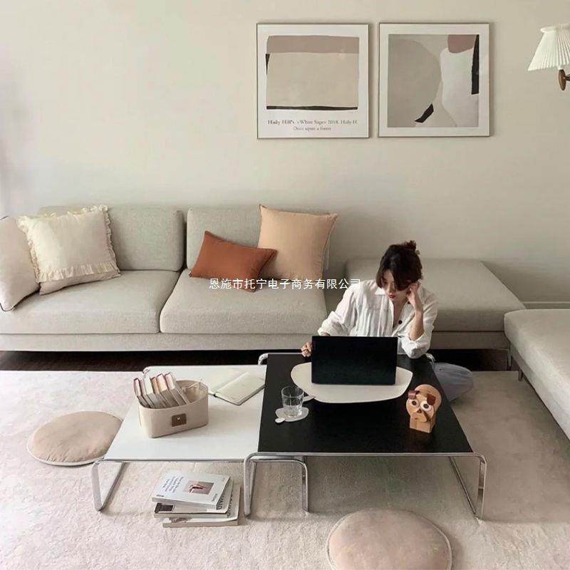 中古茶几启盛不锈钢套几个性黑白色长方形边几组合简约家用客厅