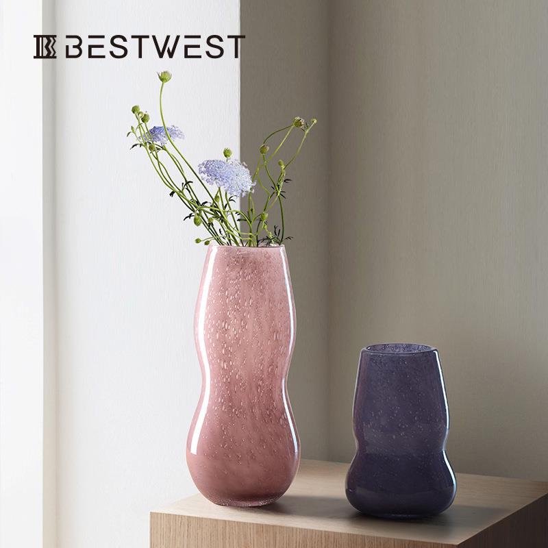Bestwest粉色葫芦形大肚玻璃花瓶摆件家居设计师装饰品水培花瓶