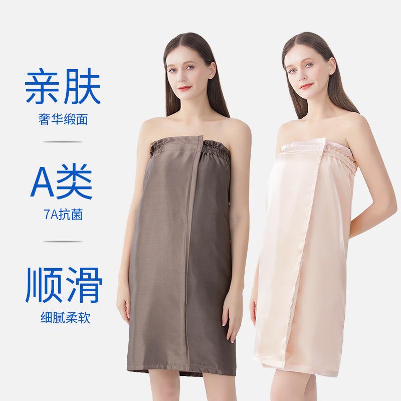 可穿浴巾女双层加厚柔软吸水女士家用贵妇缎面抗菌抹胸浴裙浴袍批