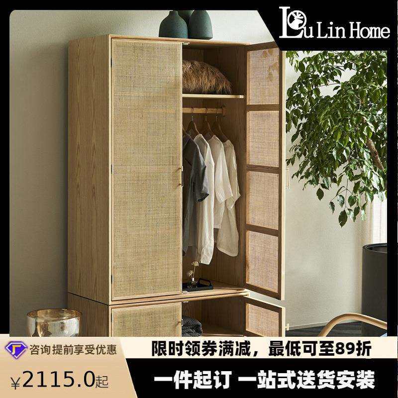北欧家用推拉门衣柜简约现代实木衣橱创意民宿藤编储物柜子小户型