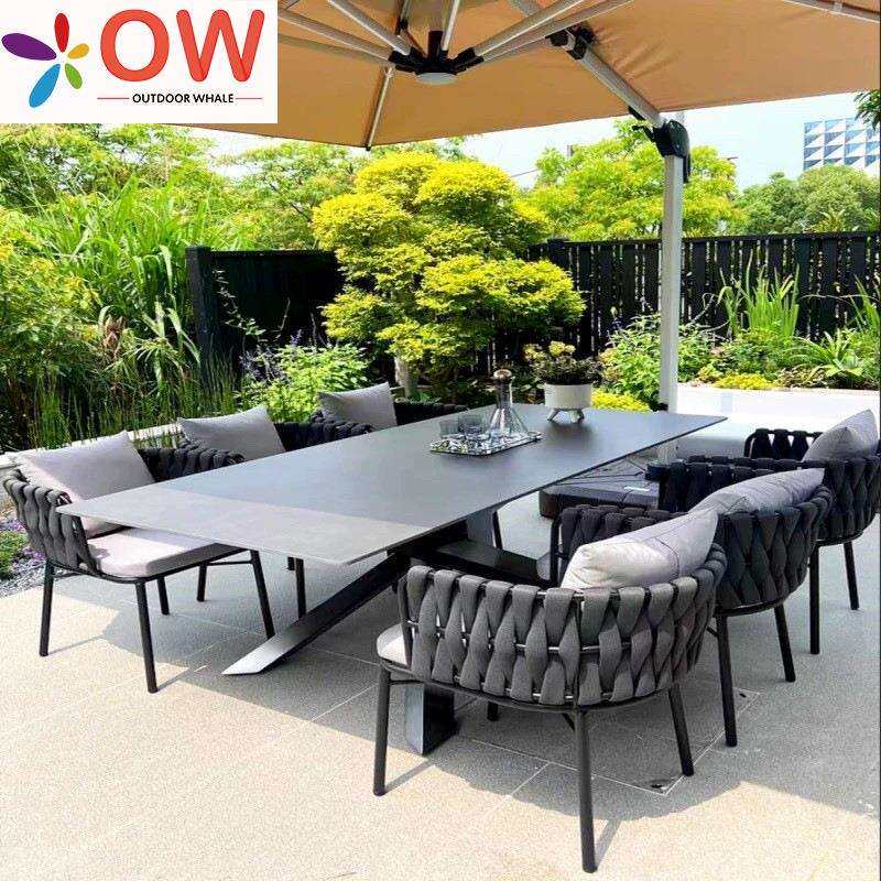 户外桌椅庭院休闲藤椅岩板餐桌花园露天阳台防水防晒藤编桌椅组合