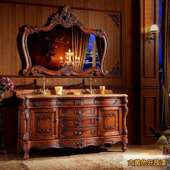 仿古欧式 浴室柜红橡木实木卫生间洗漱台双盆大理石洗手脸盆柜组合