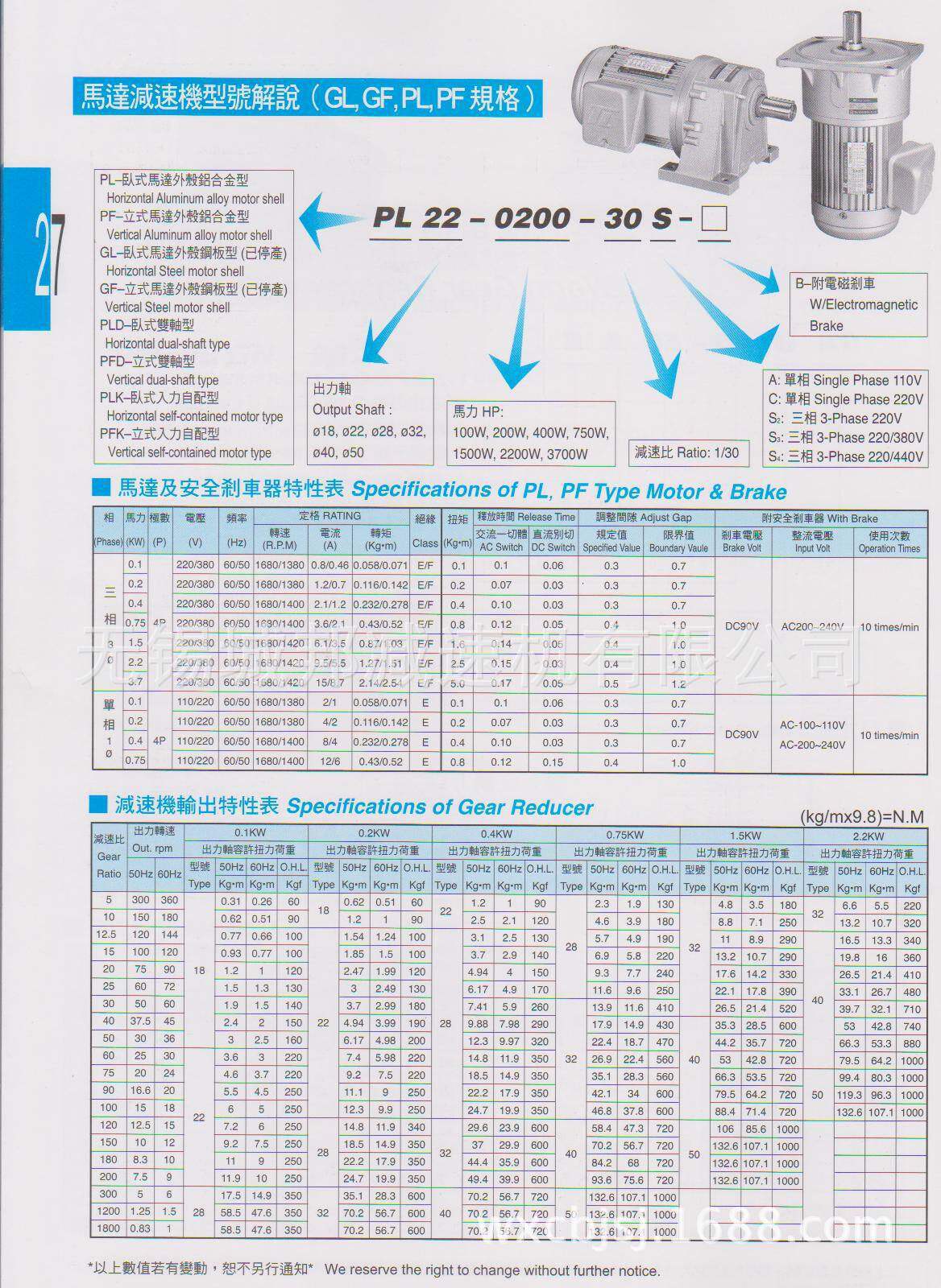 东力PL型（卧式）三相齿轮减速马达