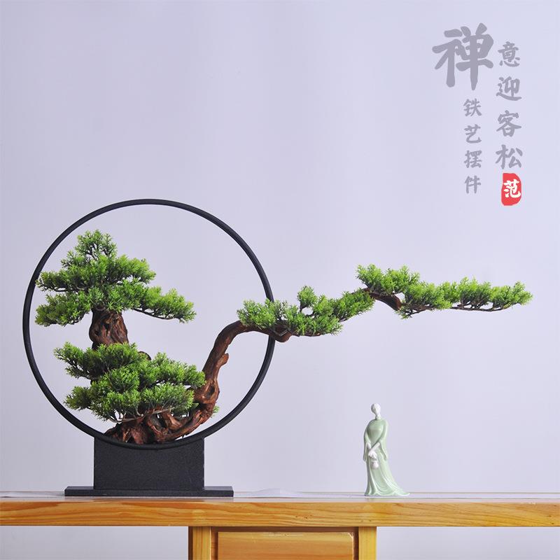 新中式仿真迎客松盆景罗汉松绿植玄关落地售楼处别墅样板房间摆件