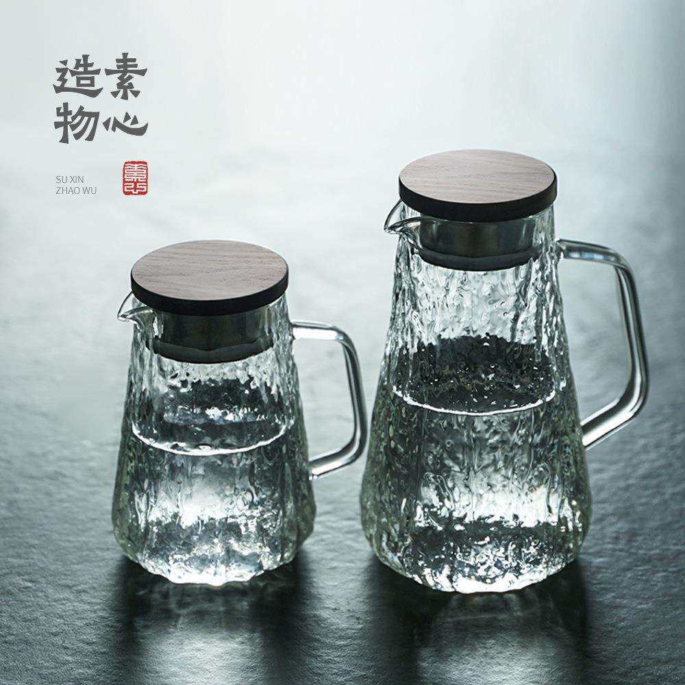 高颜值日式家用冷水壶凉水茶杯套装耐热防爆高硼硅玻璃木盖大容量