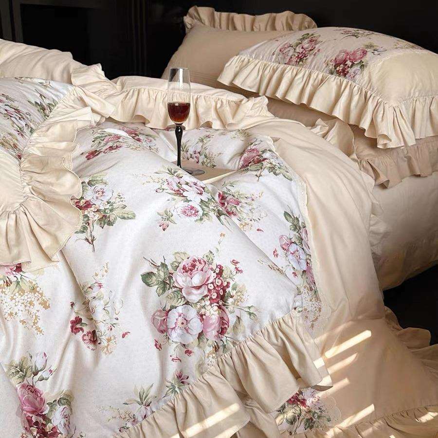 新品法式复古印花全棉贡缎磨毛四件套纯棉荷叶边浪漫玫瑰床品被套