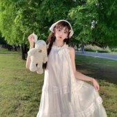 可扎染品质系蝴蝶结清新甜美花边立领吊带白色均码 仙气连衣裙新款