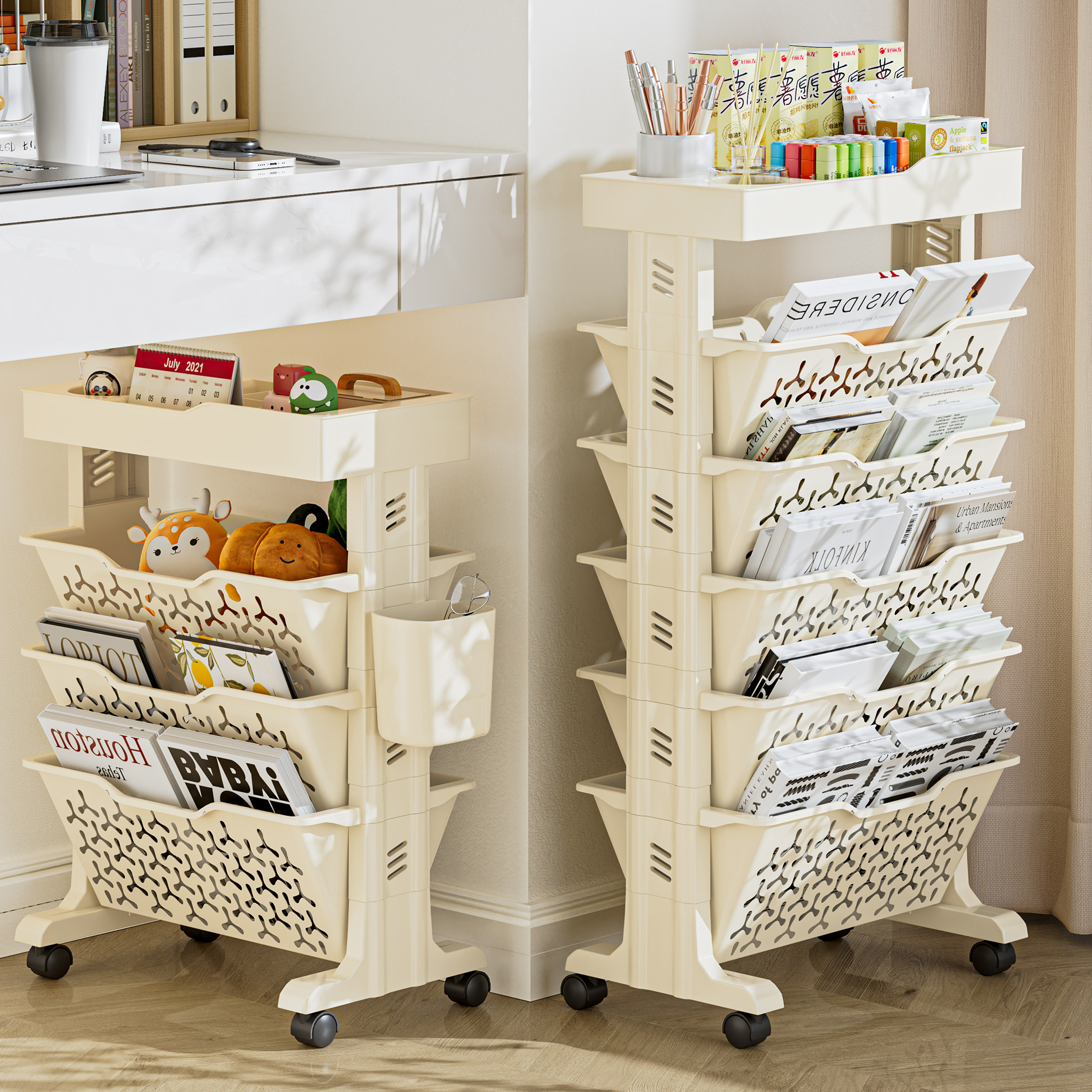 书架置物架移动收纳层架落地桌下学生书桌旁书本小推车书桌侧边收
