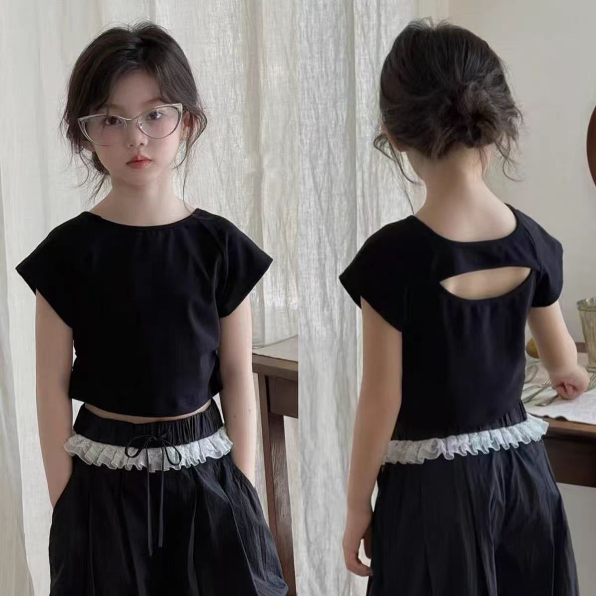 女童爵士舞服装夏黑色短袖露背舞蹈练功服潮酷街舞演出服时髦洋气图片
