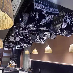 民族风天幕挂布扎蜡染风蓝酒馆火锅烧烤餐厅吊顶天花板氛围装饰布