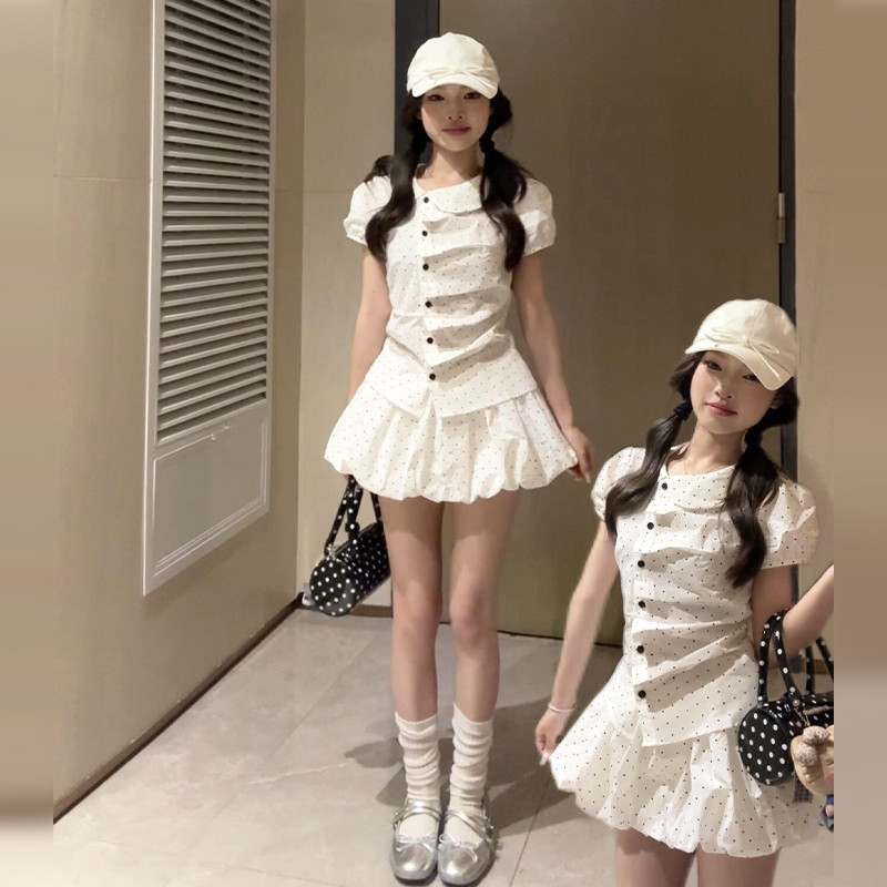 韩系甜美波点衬衫连衣裙子女夏季2026新款miu系小个子花苞裙套装
