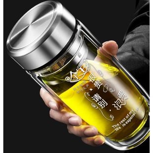 空茶水分离防摔中 耐高温家用钢化玻璃杯双层便携保温水杯2023男士