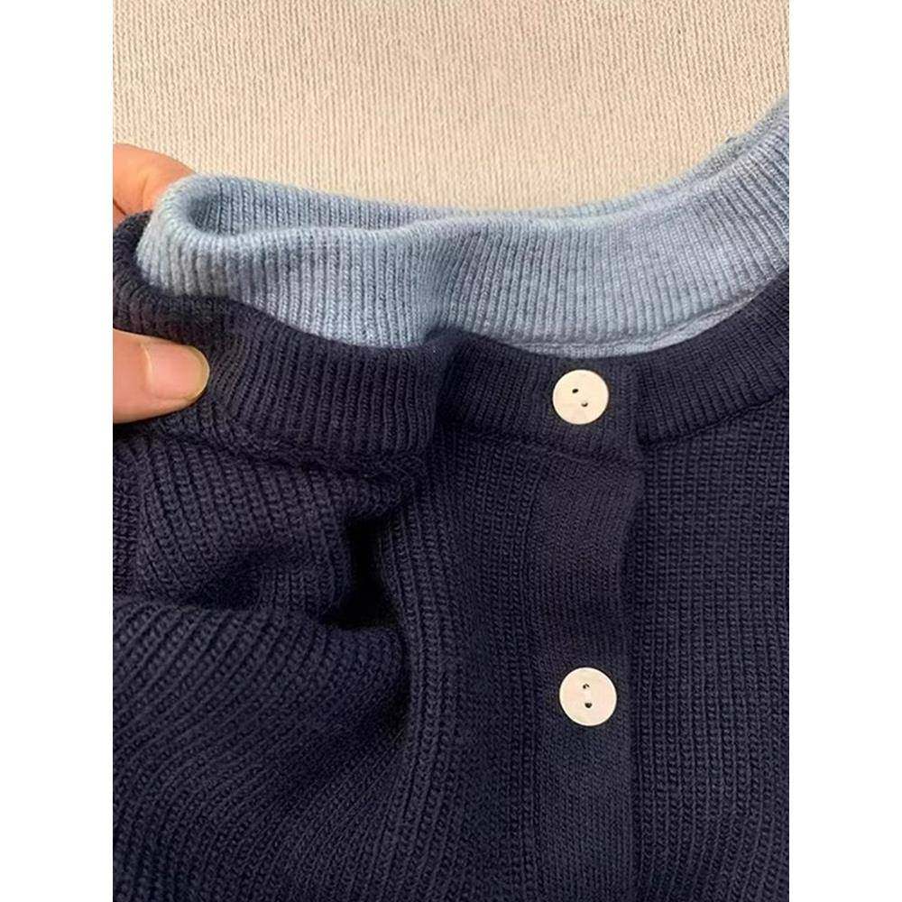 领高级感假两件圆针织衫女秋冬设风慵懒26960宽松毛衣开衫外套计