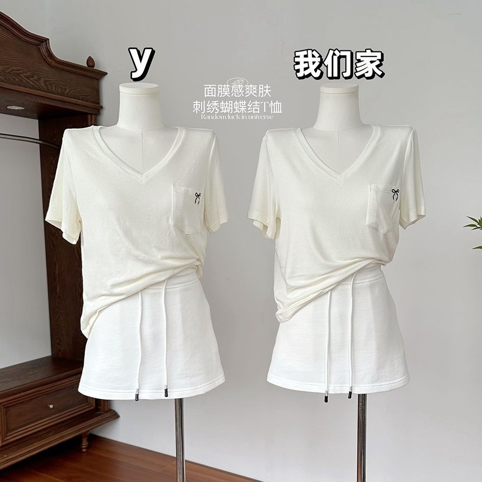 奥特莱斯~清仓捡漏专柜撤回女装夏季面膜感爽肤刺绣蝴蝶结短袖T恤