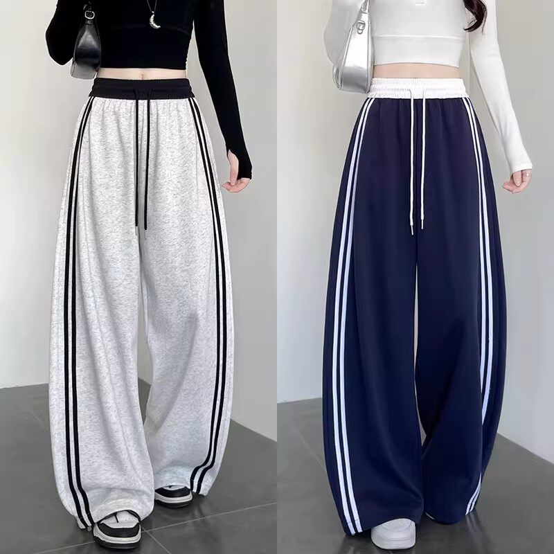 美式运动裤女秋高腰垂感显瘦宽松阔腿bf慵懒风辣妹休闲条纹弯刀裤