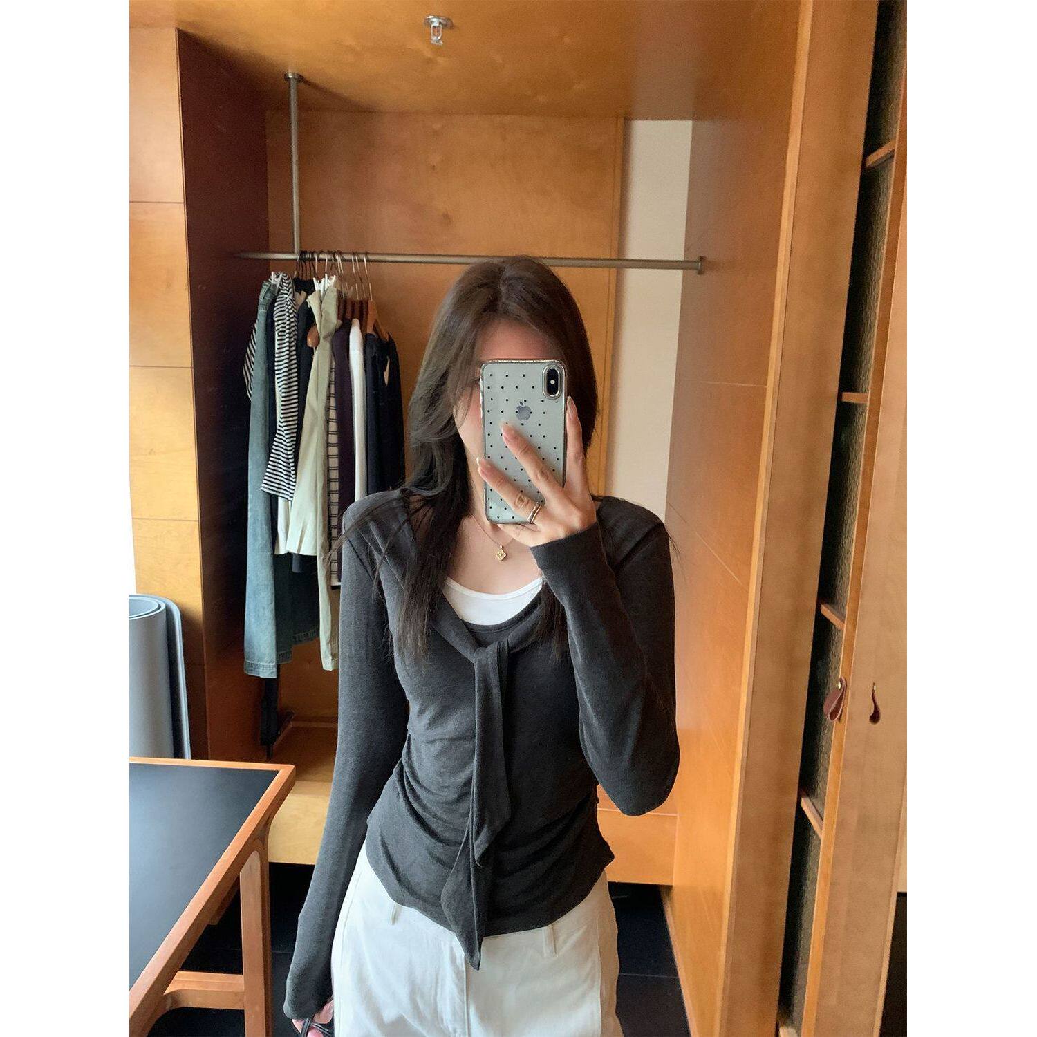 学院风韩系假两件飘带披肩长袖T恤女早秋修身显瘦褶皱收腰打底衫