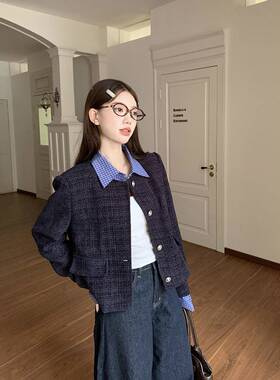 大码胖mm小香风短外套女202搭5秋装女IBA款感百显接瘦拼设计开衫