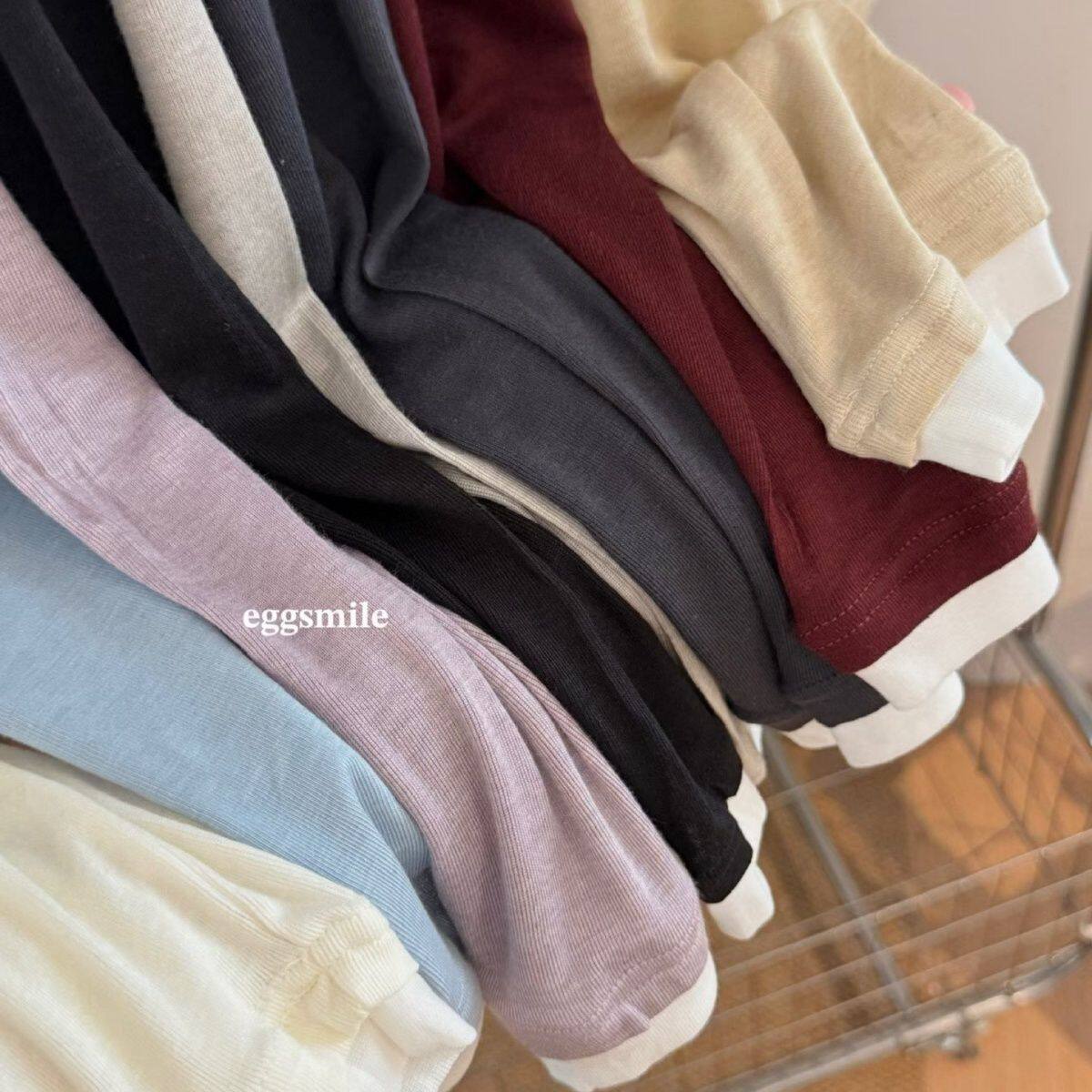 新款egg天丝羊毛假两件长袖打底衫圆领T恤修身显瘦撞色上衣女