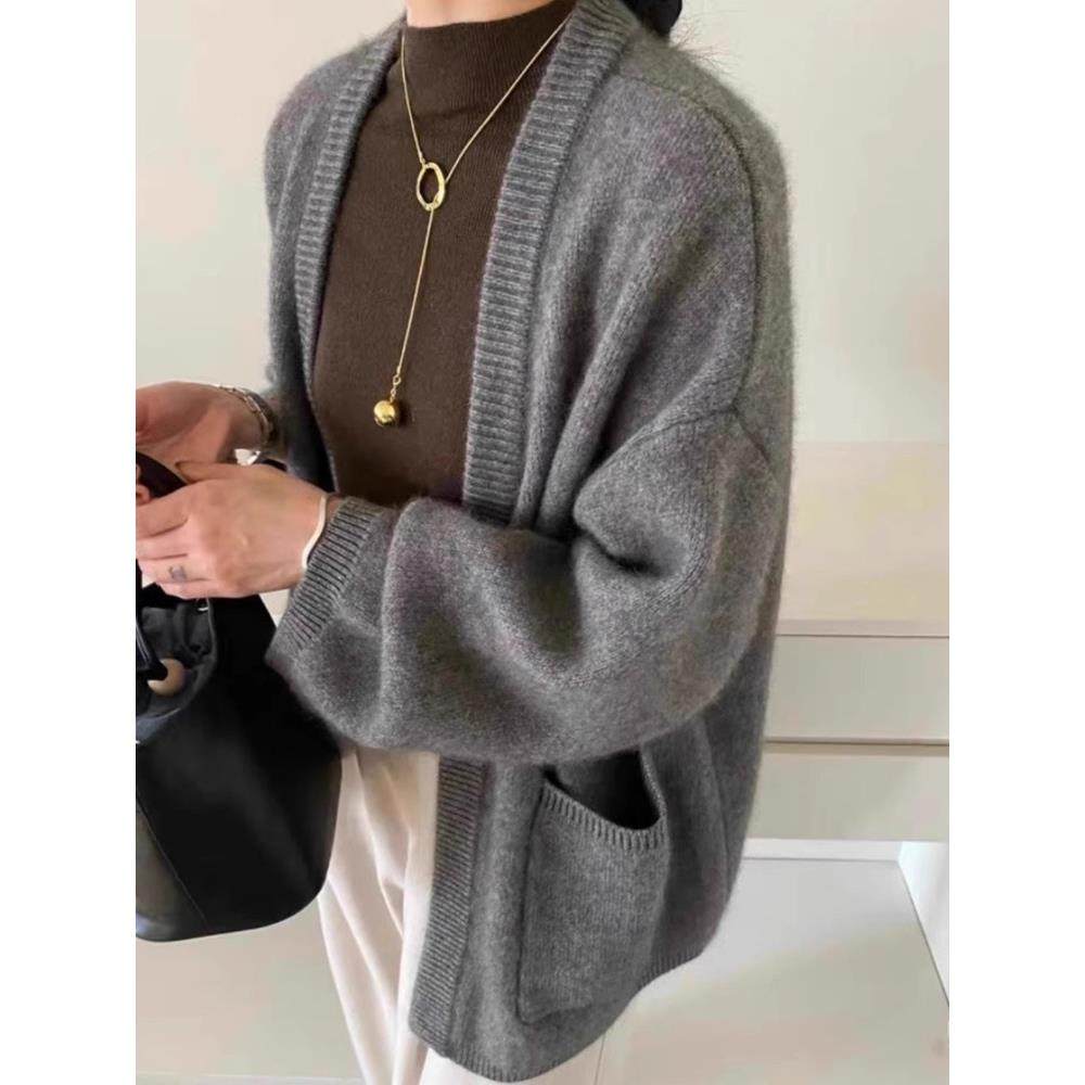 慵懒风仿浣熊绒中长款开针织衫女秋冬季高感级毛衣外股23130套遮