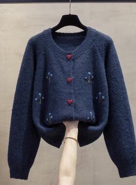 手工花圆领毛衣外套2025女春新款宽开松D7036慵懒风外穿上衣厚秋