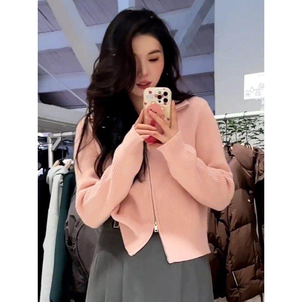 大码翻领别致遮内搭针织衫衣女秋冬胖mm显瘦肉宽松开JPU毛衫外套