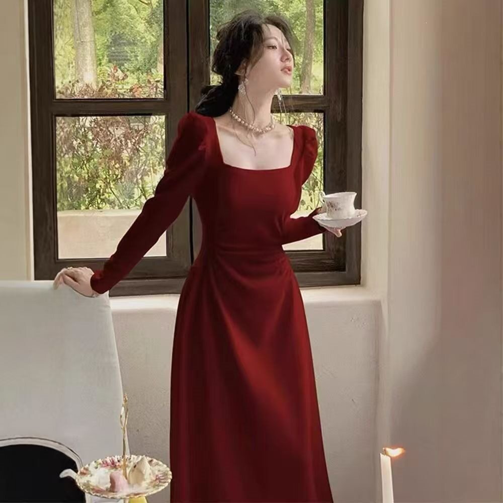 红色长袖连衣裙女春秋法式订婚礼服新娘敬酒服平时可穿红裙子长裙