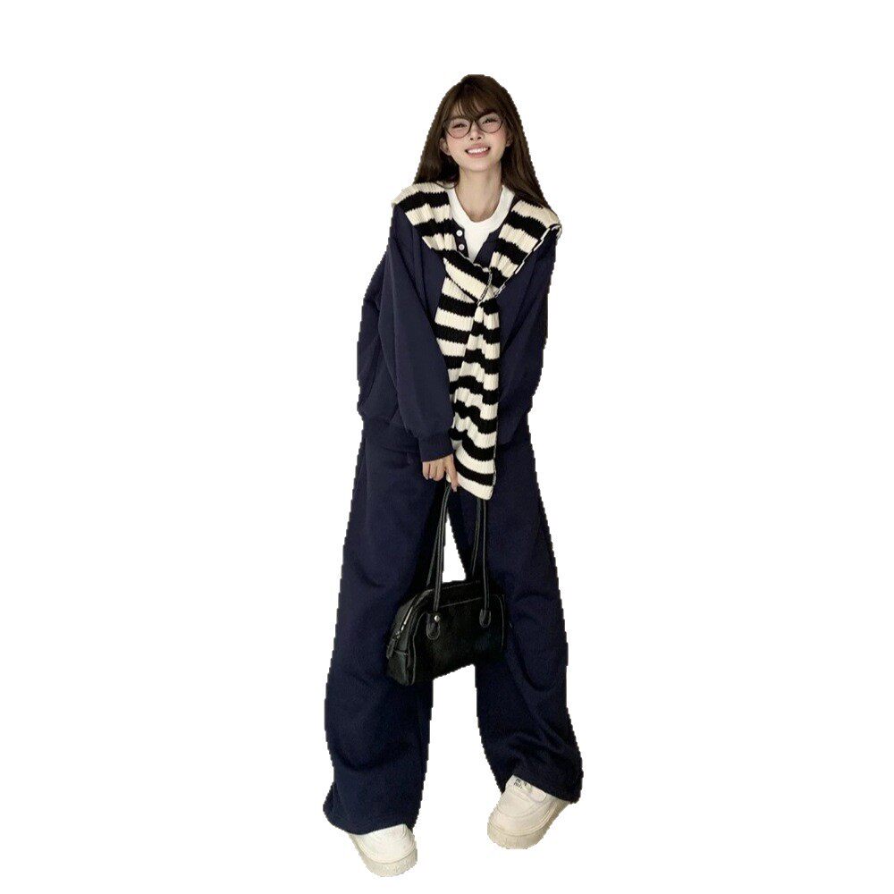慵懒穿搭运动服套装女秋冬条纹披肩叠穿卫衣阔腿裤韩版休闲两件套