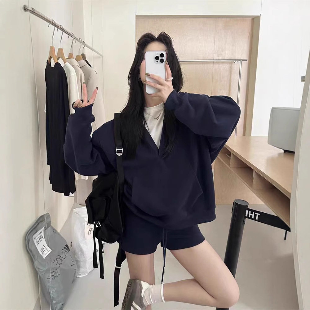 慵懒风连帽套头宽松长袖卫衣高腰阔腿休闲短裤女春季新款时尚套装