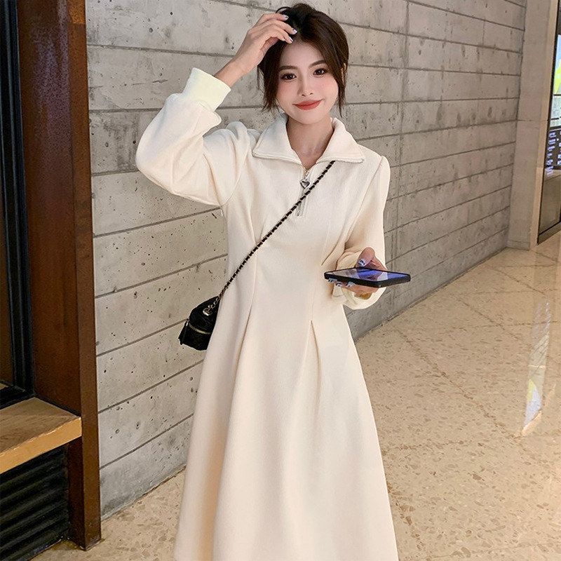 设计感半拉链加绒华夫格长袖连衣裙女春秋冬2025新款收腰中长裙子