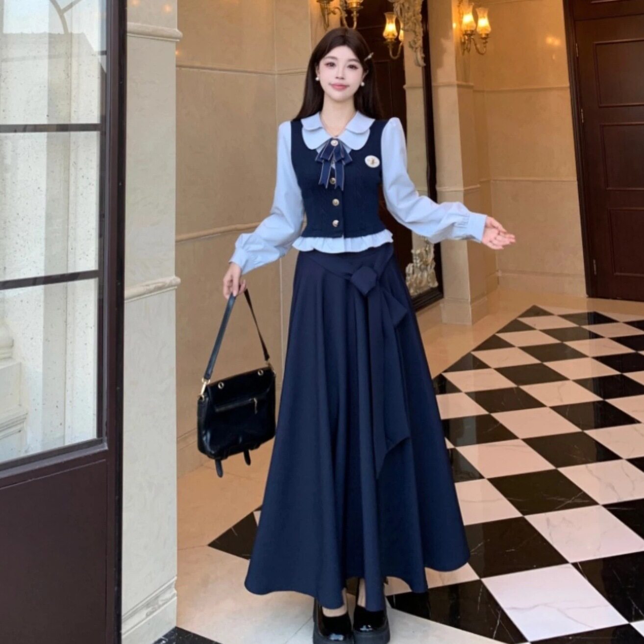 学院风减龄假两件长袖上衣女秋冬大码高腰伞裙半身裙感两件套