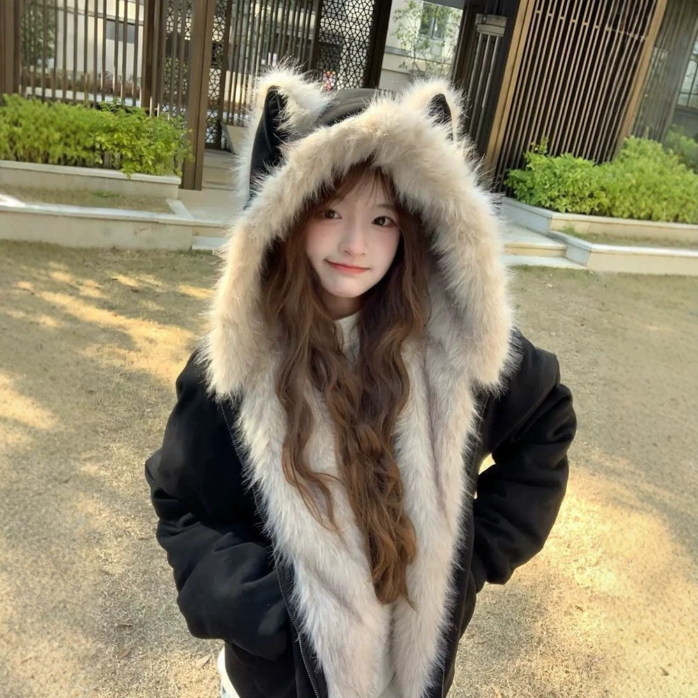 韩版甜酷风猫耳朵毛领连帽黑色夹棉保暖棉衣女冬季新款百搭棉衣潮