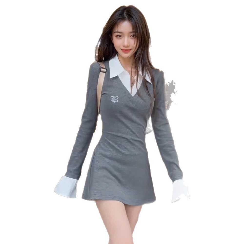 学院风假两件衬衫连衣裙女秋冬纯欲性感包臀绝美小妈短裙内搭裙子