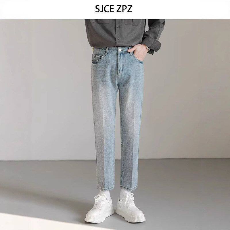 夏季浅色韩版修身小直筒裤男士潮流INS百搭休闲小脚九分牛仔裤子