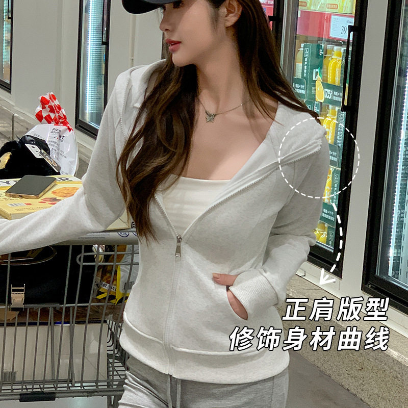 韩系口袋连帽拉链卫衣女春秋长袖修身收腰开始外套潮牌感上衣
