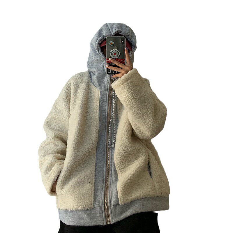 羊羔毛外套女秋冬韩版百搭保暖加厚bf慵懒风宽松假两件连帽棉服潮