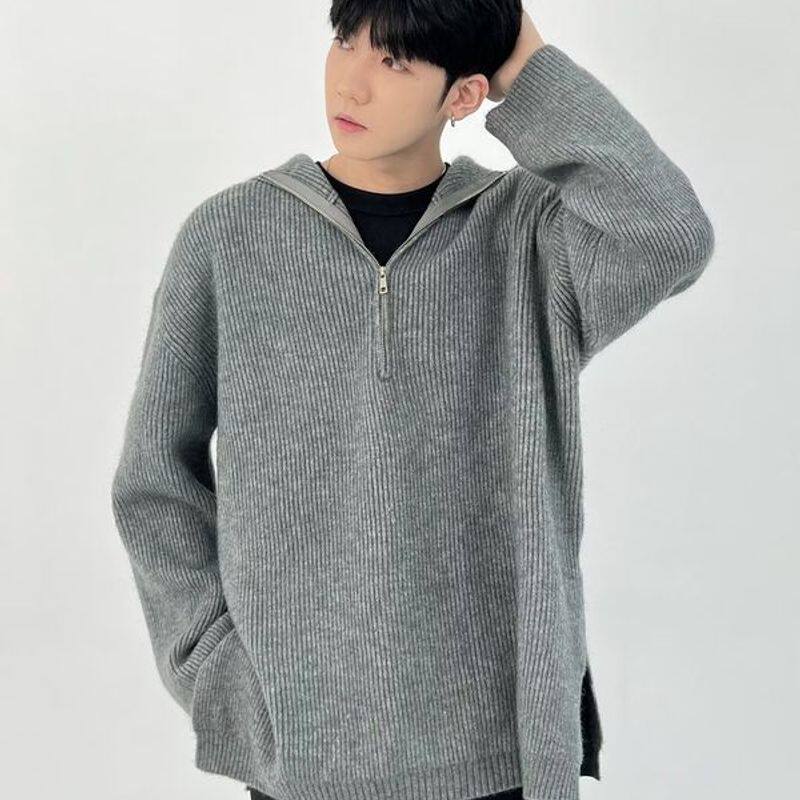 高级感半拉链连帽毛衣男宽松韩版潮流秋冬休闲百搭针织衫外套ins