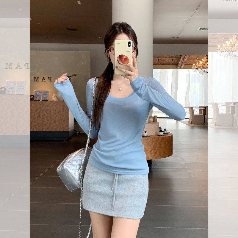 蓝色微透薄款大领口长袖T恤女2025年初秋新款修身打底衫内搭上衣