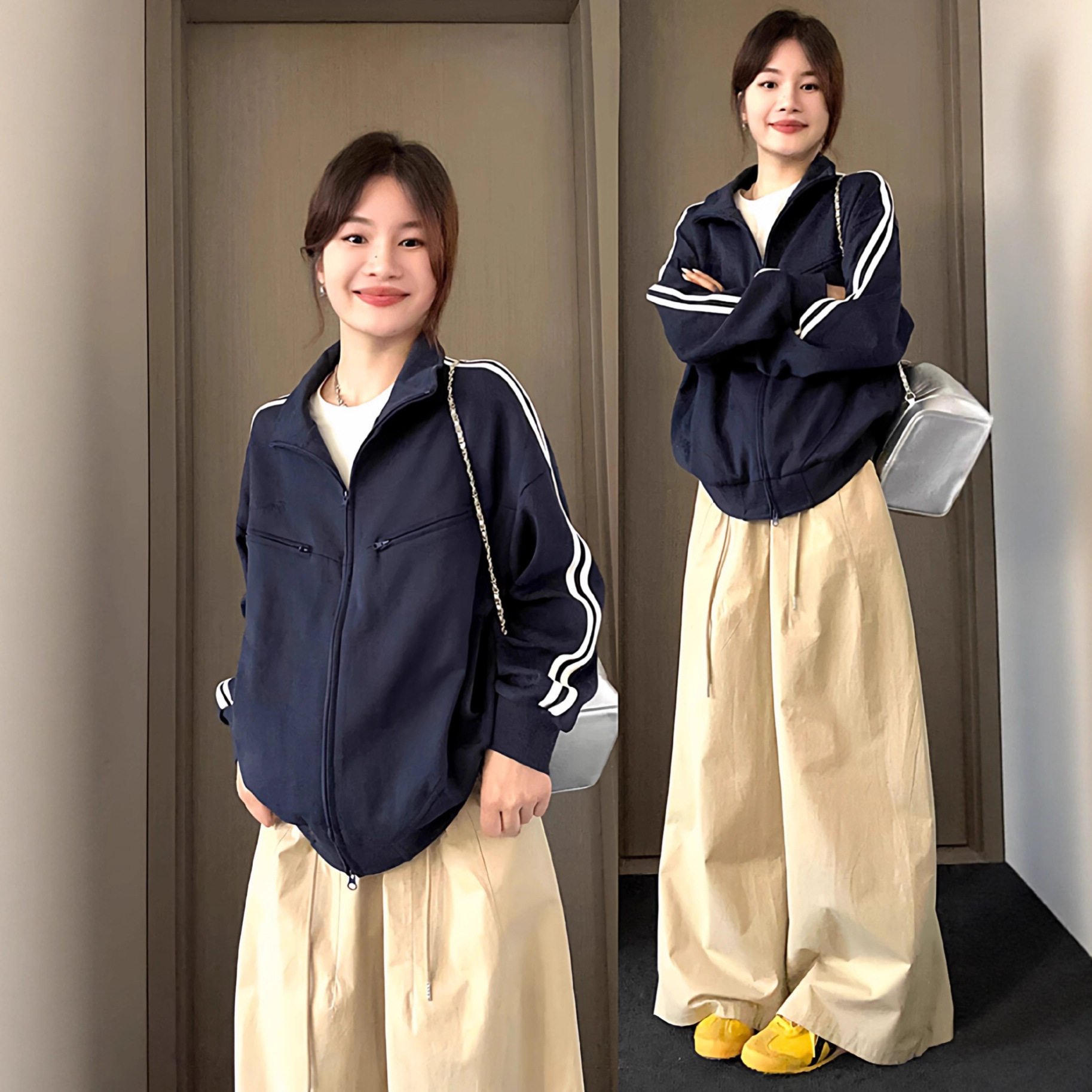 美式复古双杠卫衣女春秋季2025新款秋冬季宽松运动韩系外套棒球服