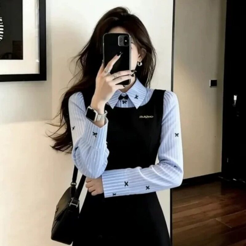 韩系休闲风撞色洋气连衣裙今年流行的爆款女装早秋爆款收腰裙子潮